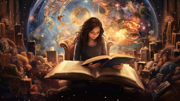 10-letnia realistyczna dziewczynka czytająca książkę pod smokiem.