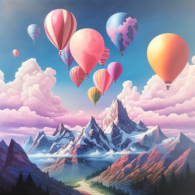 17 z 272 Zdjęcie przedstawiające balony i górę z wygenerowanym ai tłem nieba