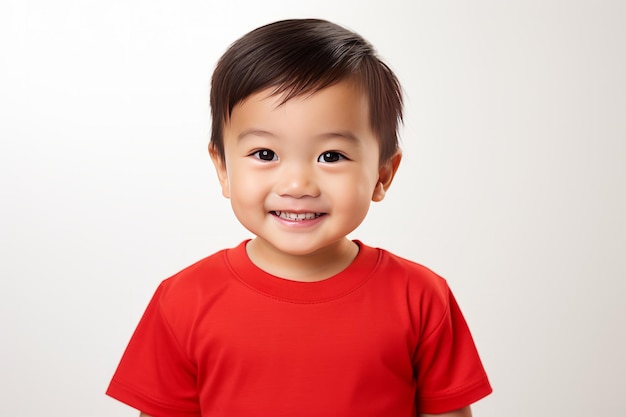 2-letni azjatycki chłopiec w czerwonej koszulce Portret zdjęty na białym tle