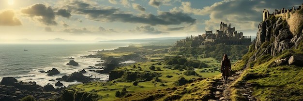2 średniowiecznych wojowników podróżujących po klifie do widoku zamku w tle na linię brzegową landsc