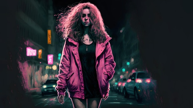20-letnia kaukaska kobieta z długimi włosami, ubrana na różowo, chodząca nocą letnią ulicą wygenerowaną przez sieć neuronową