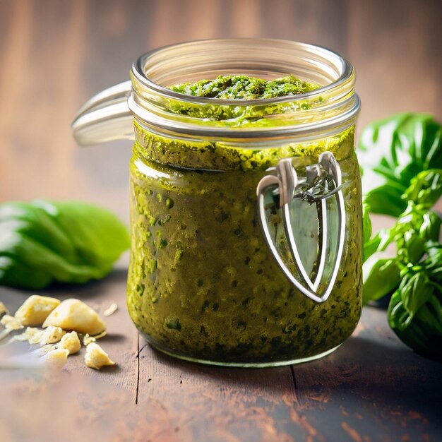 2000 Sos pesto w szklanym słoju vintage drewnianym tle selektywna ostrość