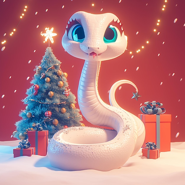 2025 Biały wąż siedzi na śnieżnej ziemi obok choinki i prezenty Scena jest uroczysta i wesoła z wężem wyglądającym szczęśliwie i drzewem ozdobionym ozdobami
