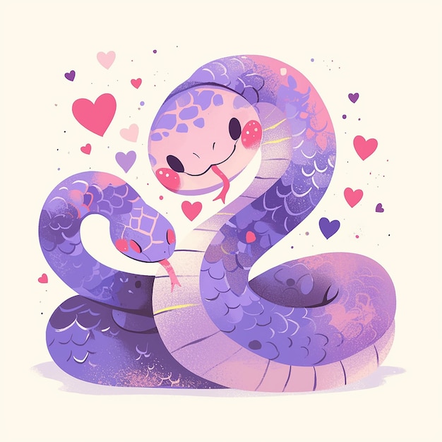 2025 parę węży z sercem na głowie i sercem na ogonie Wąż jest otoczony sercami i uściska innego węża