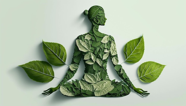 21 czerwca międzynarodowy dzień jogi kobieta wykonana z zielonych liści w pozie jogi Generative ai
