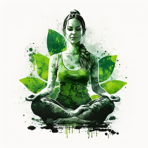 21 czerwca międzynarodowy dzień jogi zielona kobieta w pozie jogi lotosu Generative ai