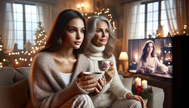 28-letnia kobieta obok 35-letniej kobiety siedzącej na kanapie oglądającej romantyczny program telewizyjny w livin