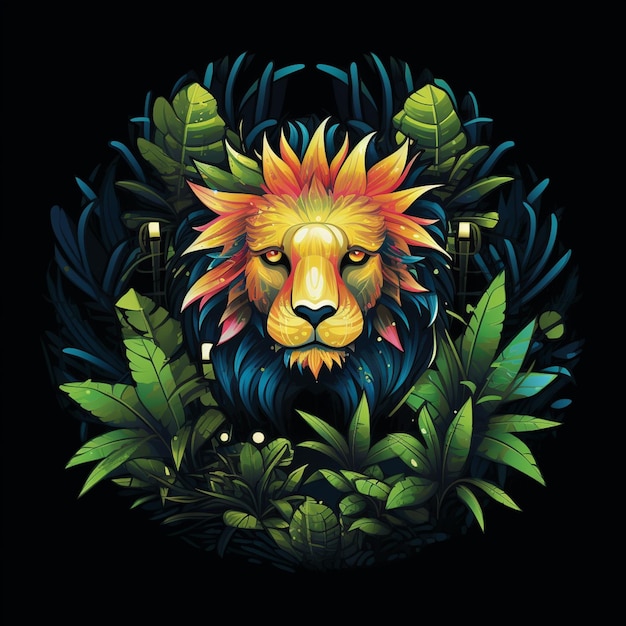 2D abstrakcyjna tkanina bambusowa LION otoczona kolorowymi roślinami troficznymi maskotka dla koszulki