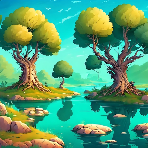 2D cartoon las baceground 2d cartoon pole drzewa rzeka i charakter