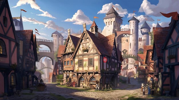 2d ilustracja fantazyjnego starego miasta w ciągu dnia
