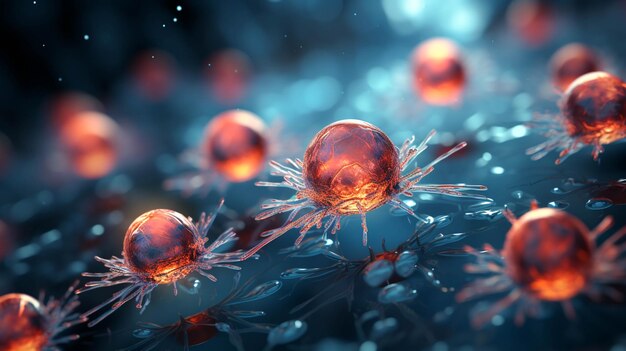 Zdjęcie 2d ilustracja mikroskopijnego widoku ludzkiego raka wzrost jądra komórki nowotworowej atak ciała ludzkiego