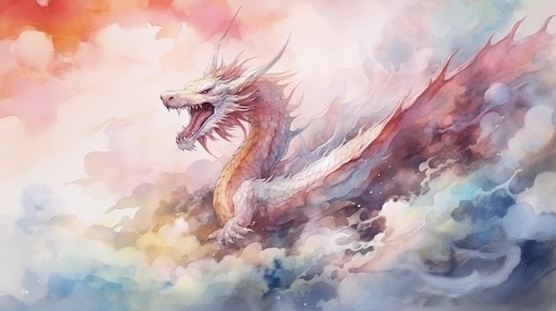 2D w kolorze wodnym styl pełnego ciała portret latającego smoka Qiulong otoczony Generative Ai