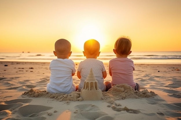 3 dzieci siedzą i bawią się piaskiem na plaży bawią się piaskiem na plaży widok wolności i szczęścia wstecz wcześnie
