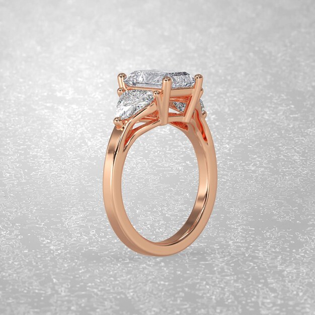 3-kamienny pierścionek zaręczynowy w pozycji stojącej w różowym złocie renderowania 3D