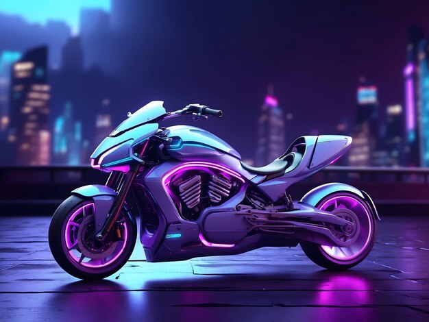 30 Futuristyczny koncepcyjny projekt motocykla 3D z fioletowym neonowym klimatem i niebieskim miastem