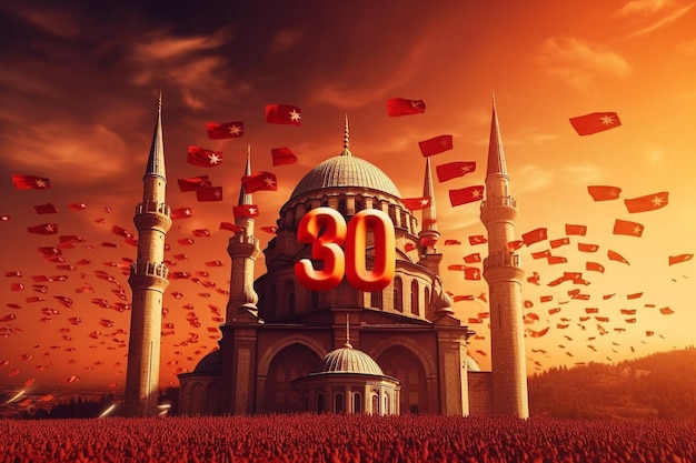 30 sierpnia Dzień Zwycięstwa jest świętem narodowym Turcji Anitkabire Flaga symbol Turcji Święto Zafer Bayrami republika 30 sierpnia Kutlu Olsun Szablon karty z pozdrowieniami Generative AI