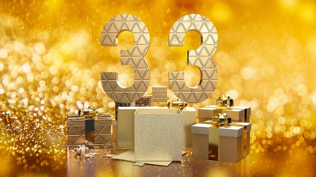 33 i złote pudełko upominkowe na bokeh do renderowania 3d marketingu lub promocji sprzedaży