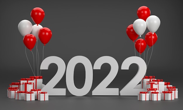 3D. 2022 balony, pudełko prezentowe, choinka na Boże Narodzenie i Nowy Rok na czarnym tle