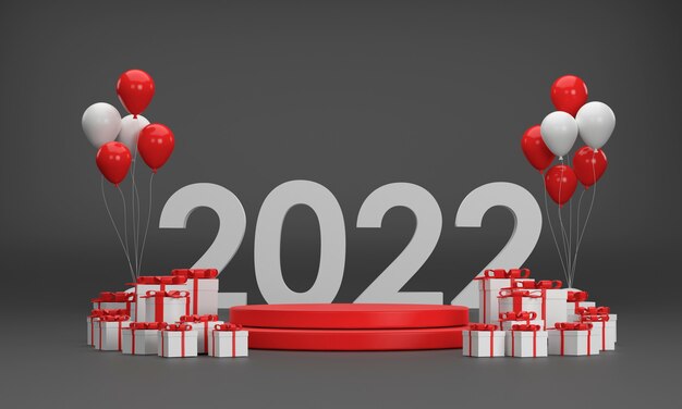 3D. 2022 podium, balony, pudełko prezentowe, choinka na Boże Narodzenie i Nowy Rok na czarnym tle
