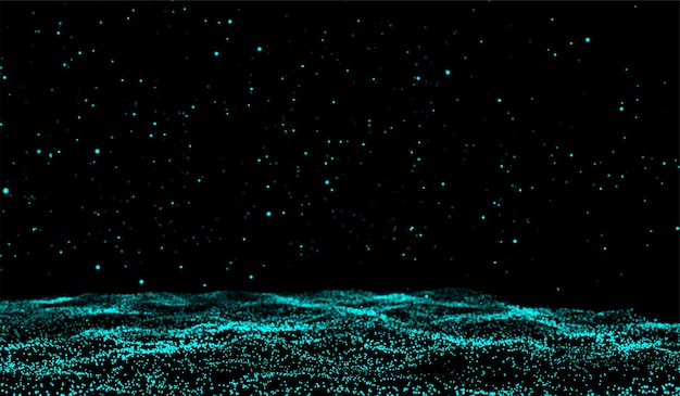 3D abstrakcyjna technologia cyfrowa realistyczna fala wodna rzeka niebieskie cząstki światła na czarnym tle
