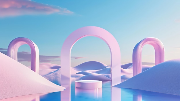 Zdjęcie 3d abstrakcyjne surrealistyczne pastelowe tło krajobrazowe z łukami i podium do pokazywania produktu panoramic