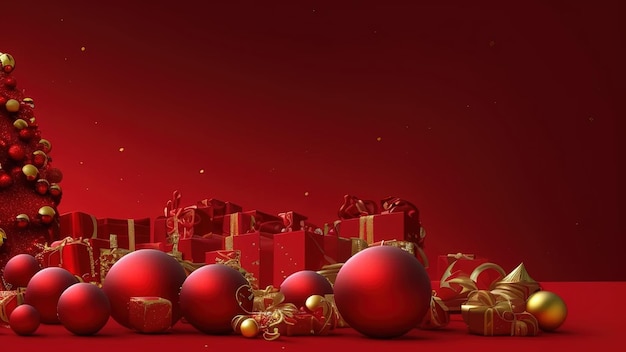 3D abstrakcyjne świąteczne czerwone tło z czerwonymi ozdobami świątecznymi Wesołych Świąt projekt do świątecznej dekoracji