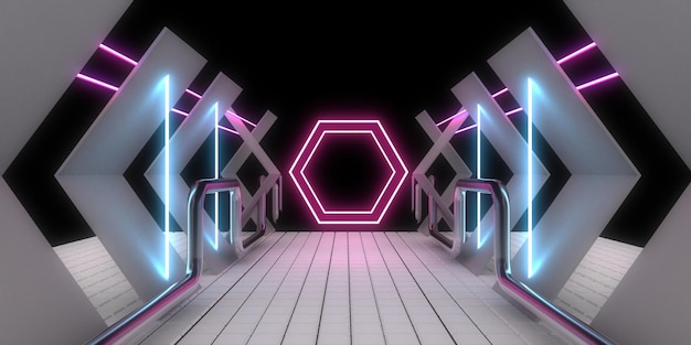 3d Abstrakcyjne Tło Z Neonami Neon Tunel Konstrukcja Kosmiczna Ilustracja 3d