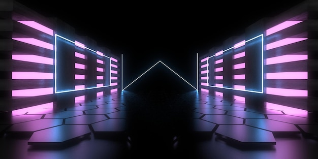 3D abstrakcyjne tło z neonami neon tunel konstrukcja kosmiczna ilustracja 3d