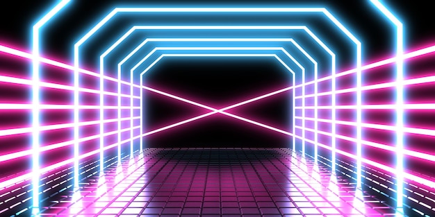 3d Abstrakcyjne Tło Z Neonami Neon Tunel Konstrukcja Kosmiczna Ilustracja 3d