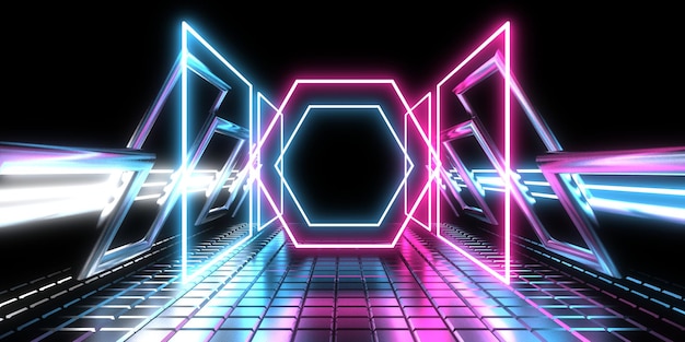 3D abstrakcyjne tło z neonami neon tunel konstrukcja kosmiczna ilustracja 3d