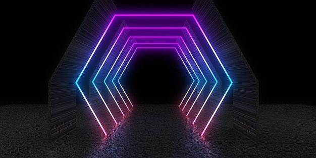 3d Abstrakcyjne Tło Z Neonami Neon Tunel Konstrukcja Kosmiczna Ilustracja 3d