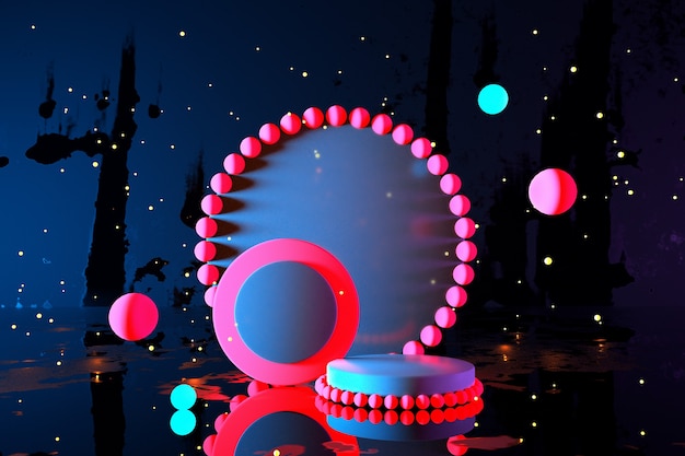 3d abstrakcyjny jasny neon geometryczny tło cyber przestrzeń wirtualna rzeczywistość ultrafiolet świecące różowy portal podium w fantastycznej przestrzeni minimalne drapacze chmur nocne niebo