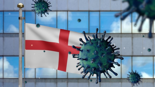 Zdjęcie 3d, anglia macha flagą z nowoczesnym wieżowcem i koncepcją ncov koronawirusa 2019. azjatycka epidemia w języku angielskim, koronawirusy grypy jako niebezpieczne przypadki szczepu grypy jako pandemia. wirus mikroskopowy