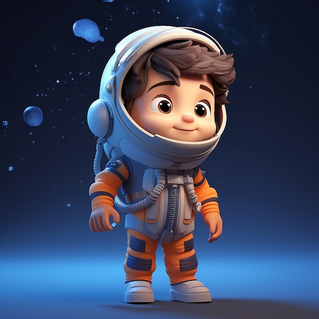 3D animacja Pixar portret postaci uroczego kreskówkowego astronauta stojącego w kosmosie.