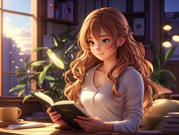 3D anime dziewczyna czytająca książkę w bibliotece z książkami na tle