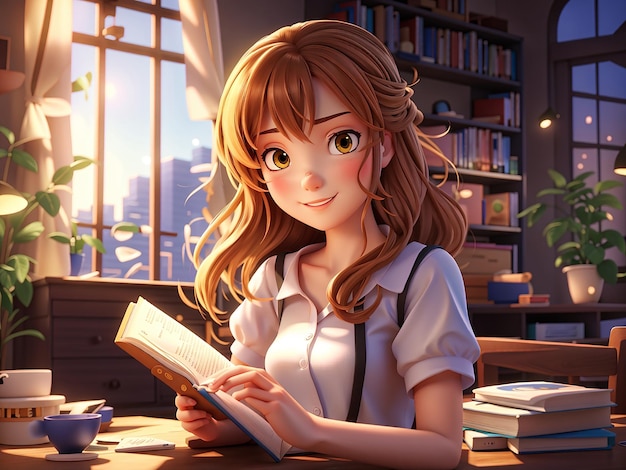 3D anime dziewczyna czytająca książkę w bibliotece z książkami na tle