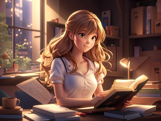 3D anime dziewczyna czytająca książkę w bibliotece z książkami na tle