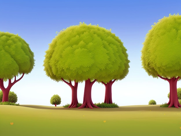 3D animowana scena leśna z różnymi drzewami leśnymi