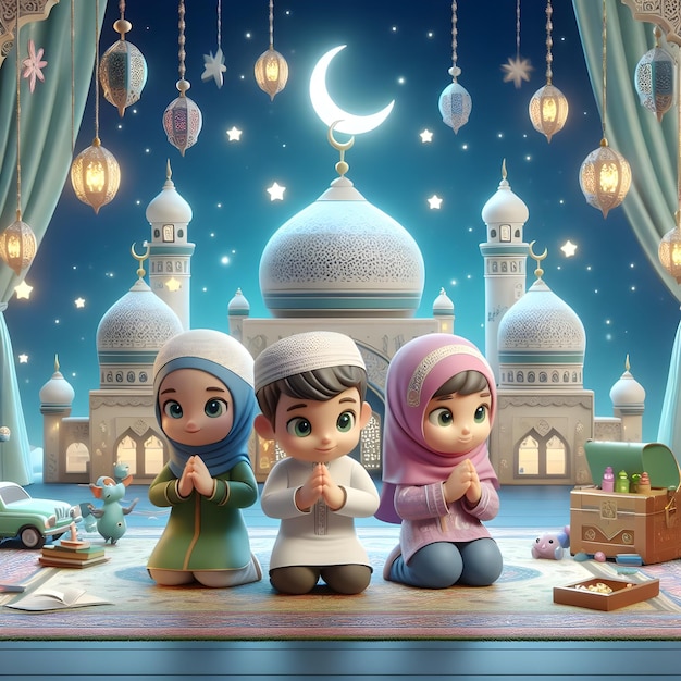 Zdjęcie 3d animowane dzieci ramadhan kareem tło