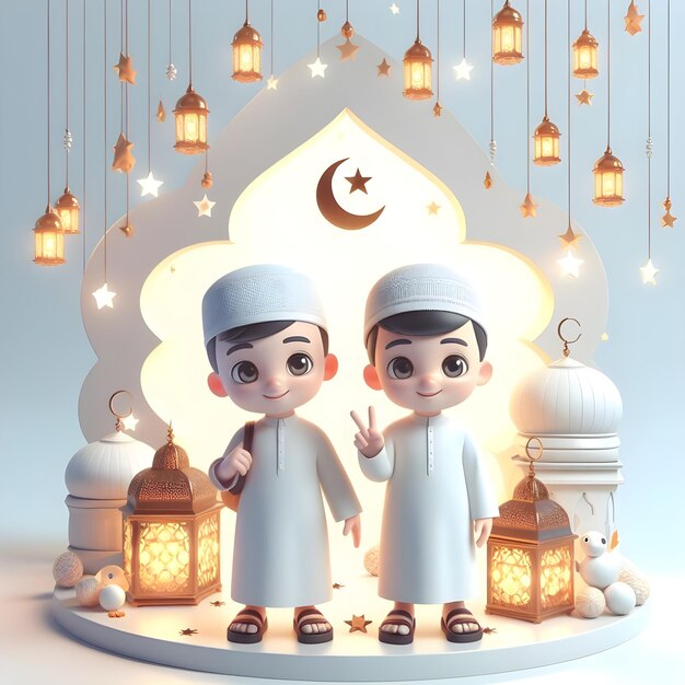 Zdjęcie 3d animowane dzieci ramadhan kareem tło