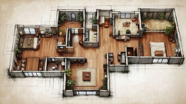 Zdjęcie 3d architektoniczny plan piętra nowoczesnego układu mieszkania