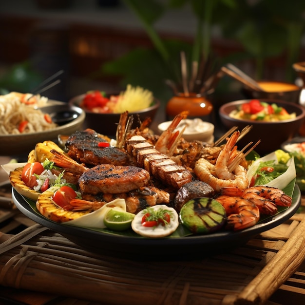 3d asortyment pysznych potraw na grillu w restauracji na wyspie Bali