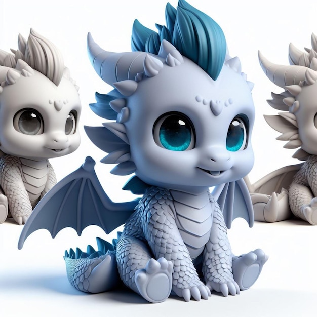 3D Baby Chibi Dragon Słodki i uroczy Siedzi i Uśmiecha się