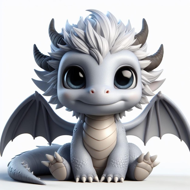 3D Baby Chibi Dragon Słodki i uroczy Siedzi i Uśmiecha się