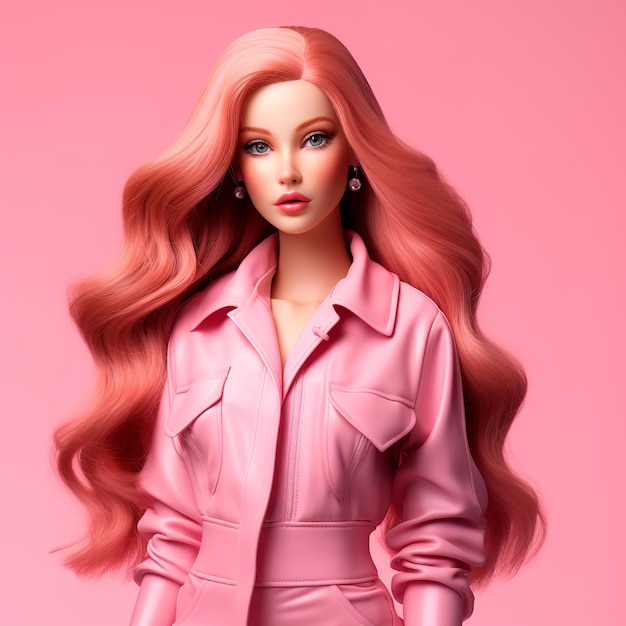 3D Barbie z rudymi włosami, długimi, prostymi, różowymi włosami, ubrana w ultra realistyczny różowy strój