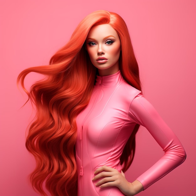 3D Barbie z rudymi włosami, długimi, prostymi, różowymi włosami, ubrana w ultra realistyczny różowy strój