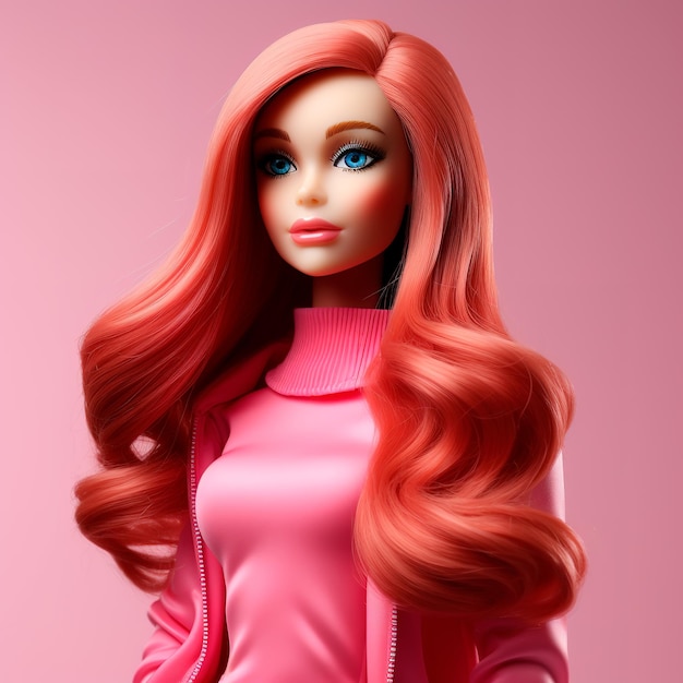 3D Barbie z rudymi włosami, długimi, prostymi, różowymi włosami, ubrana w ultra realistyczny różowy strój