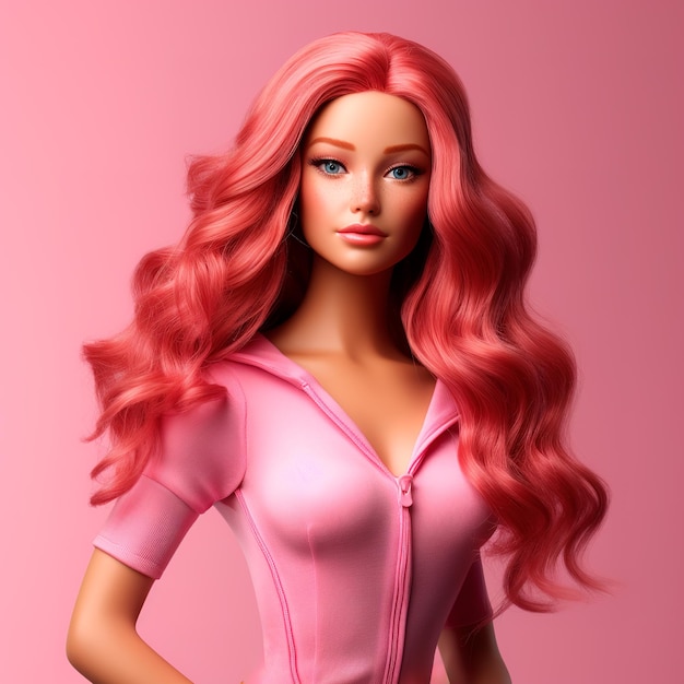 3D Barbie z rudymi włosami, długimi, prostymi, różowymi włosami, ubrana w ultra realistyczny różowy strój
