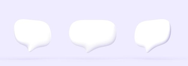 3D białe dymki czat ikony dla okna dialogowego wiadomości tekstowej 3d renderowanie pustych ikon powiadomień puste pola rozmów dla konwersacji komentarze cytaty izolowane na fioletowym tle