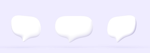 3D białe dymki czat ikony dla okna dialogowego wiadomości tekstowej 3d renderowanie pustych ikon powiadomień puste pola rozmów dla konwersacji komentarze cytaty izolowane na fioletowym tle